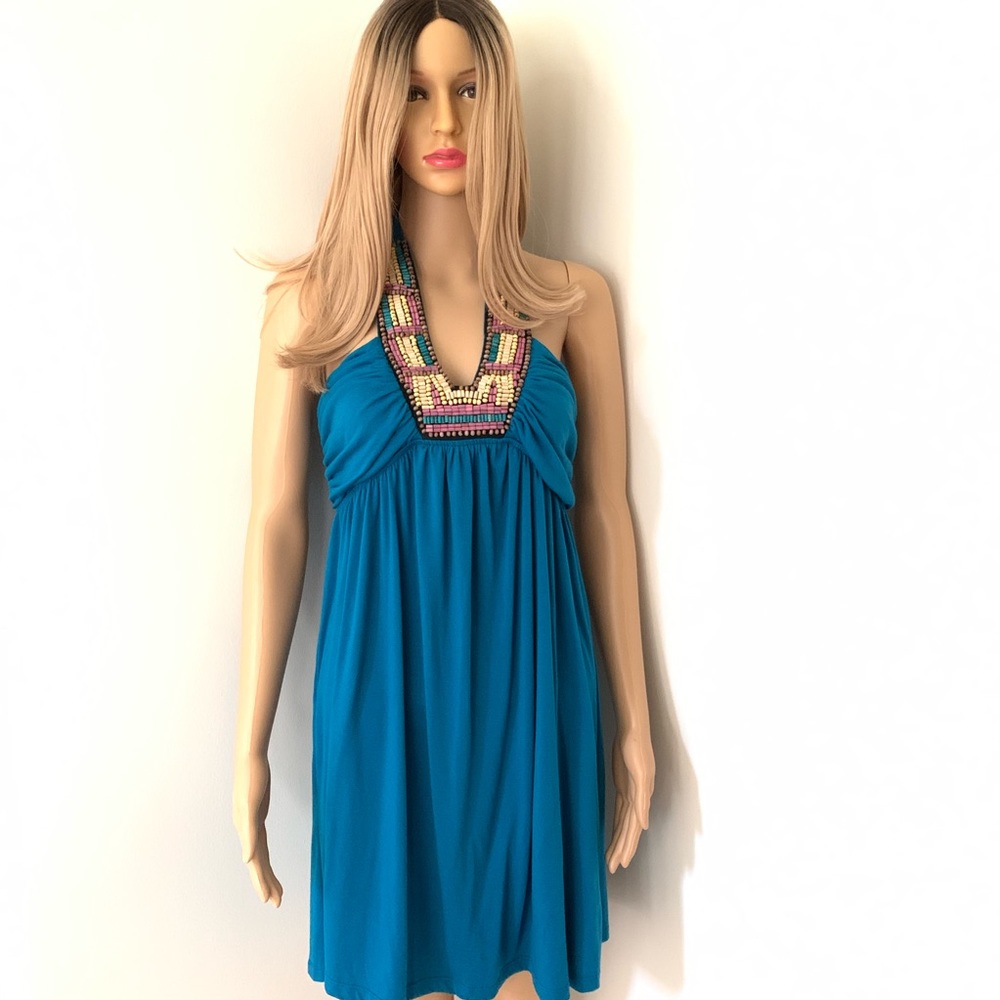 BAILEY BLUE WOODEN BEADED HALTER DRESS SZ M